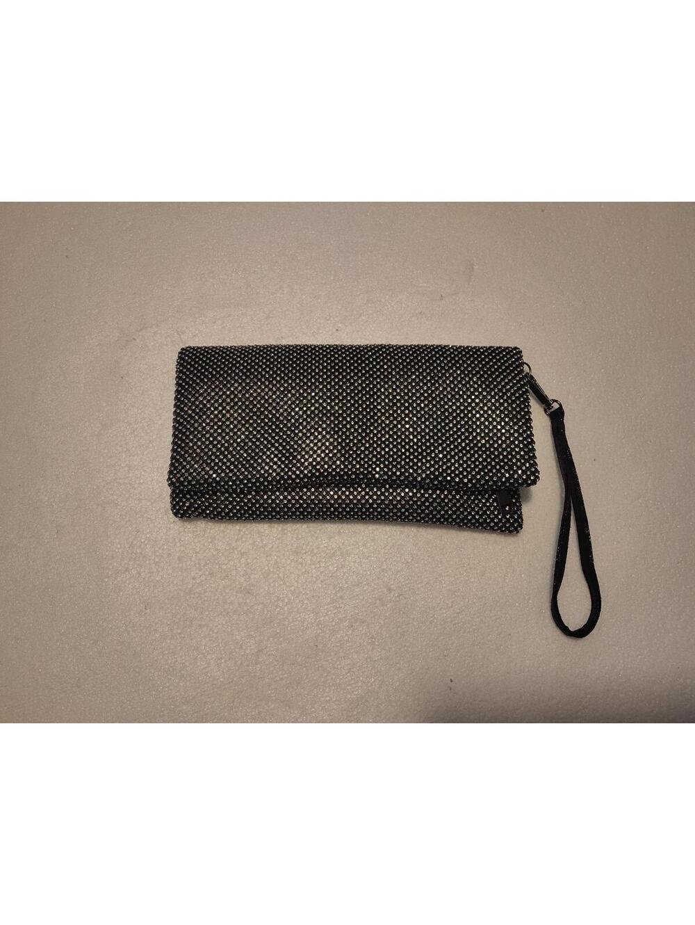 Madison West Fold Over Wristlet Clutch Glitter Rhinestone Black Silver